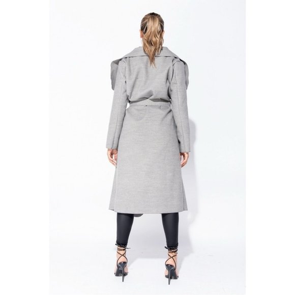 Gray Wool Blend Oversized Lapel Belted Long Maxi Waterfall Collar Coat - Picture 5 of 8